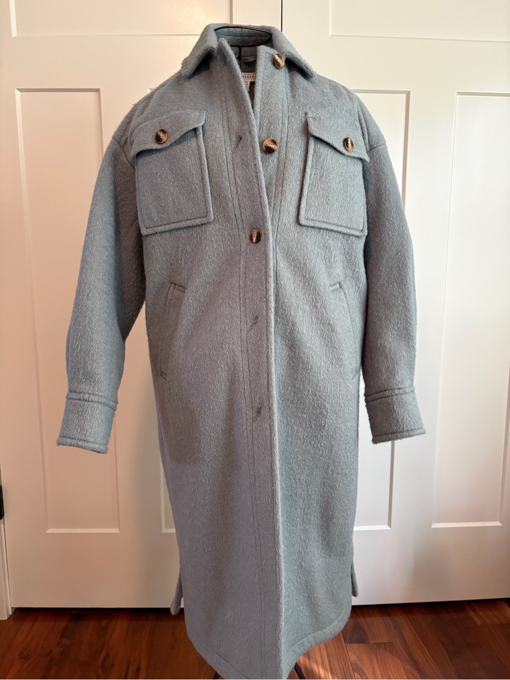 Topshop Wool Blend Long Shacket in Light Blue